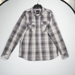 Prana Western Large Plaid Snap Front Long Sleeve Shirt Grey Purple Outdoor Gorp